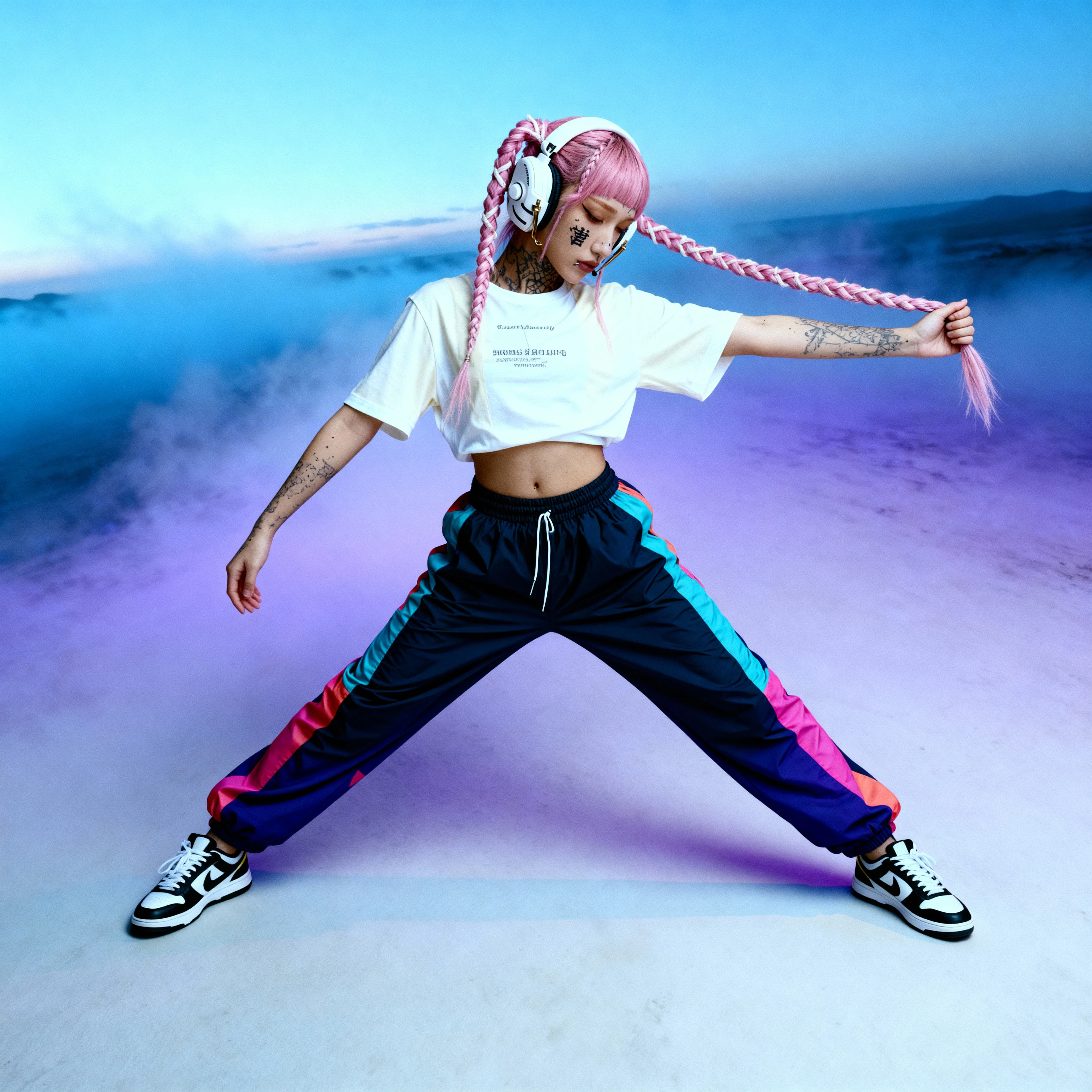 Character in purple fog environment: full body pose