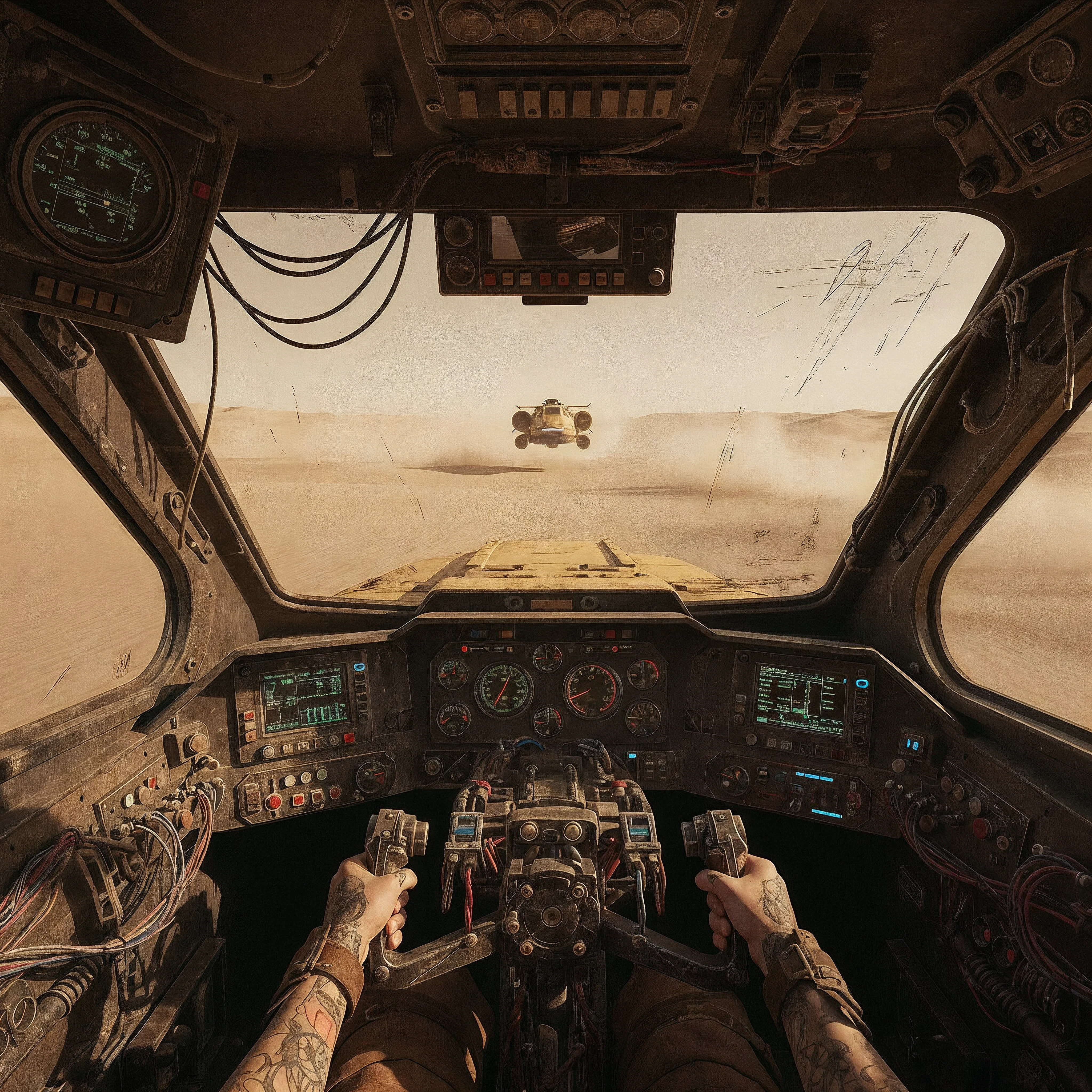 POV from inside ship cockpit: desert chase