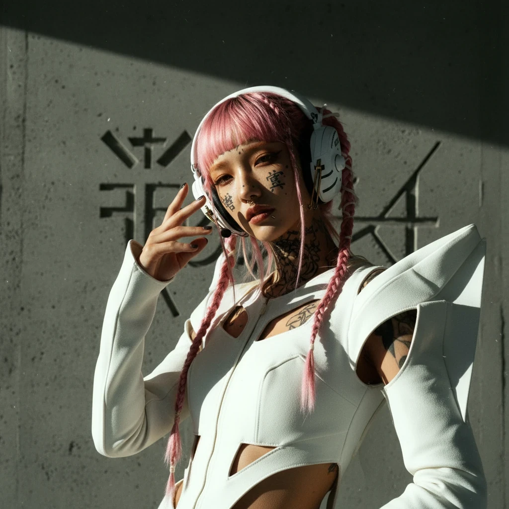 Futuristic white outfit: kanji wall