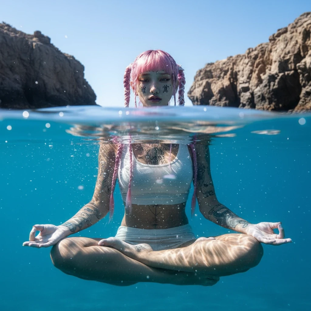 Half-submerged meditation in ocean