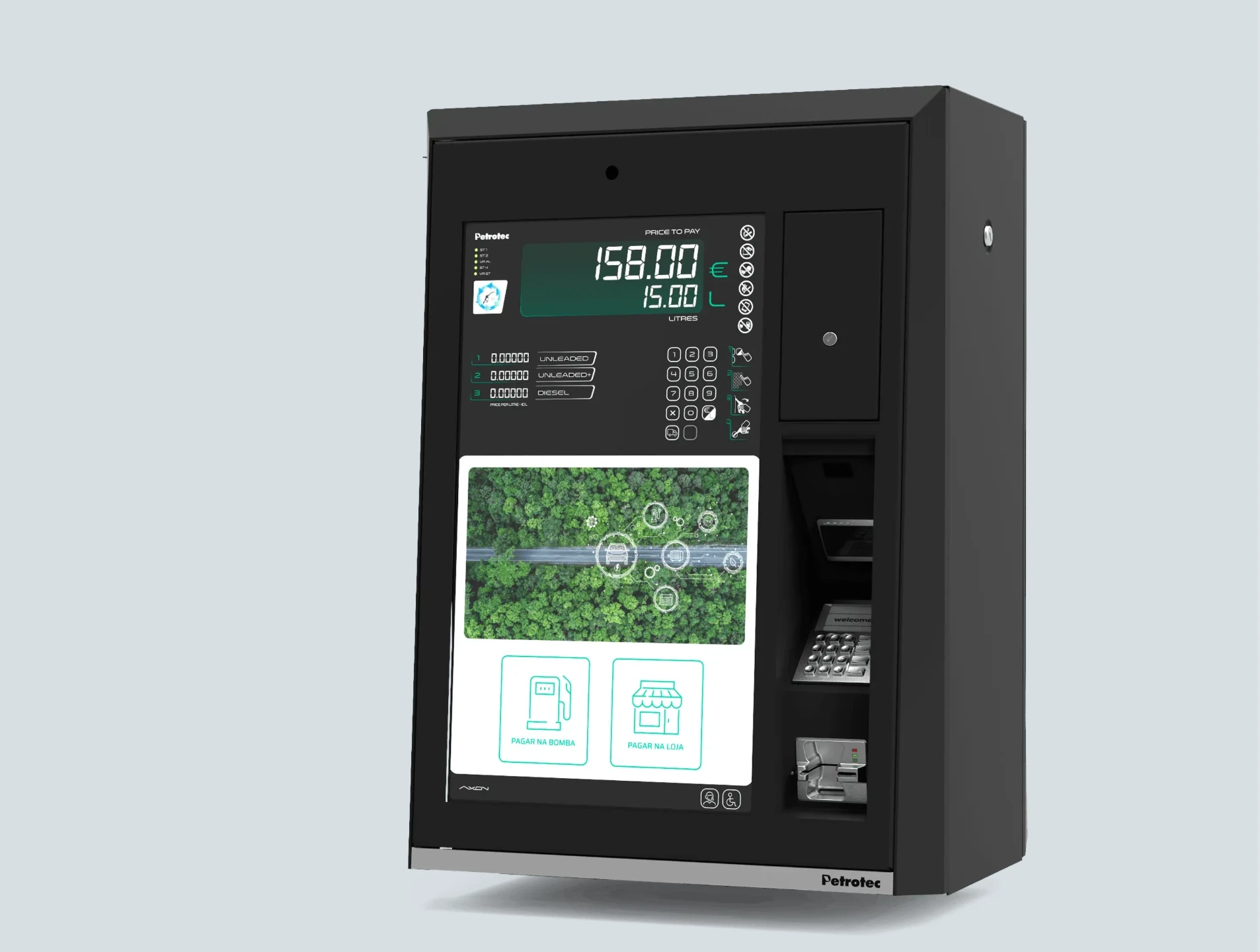 FM27 payment terminal 3D render showing multimedia screen with green UI
