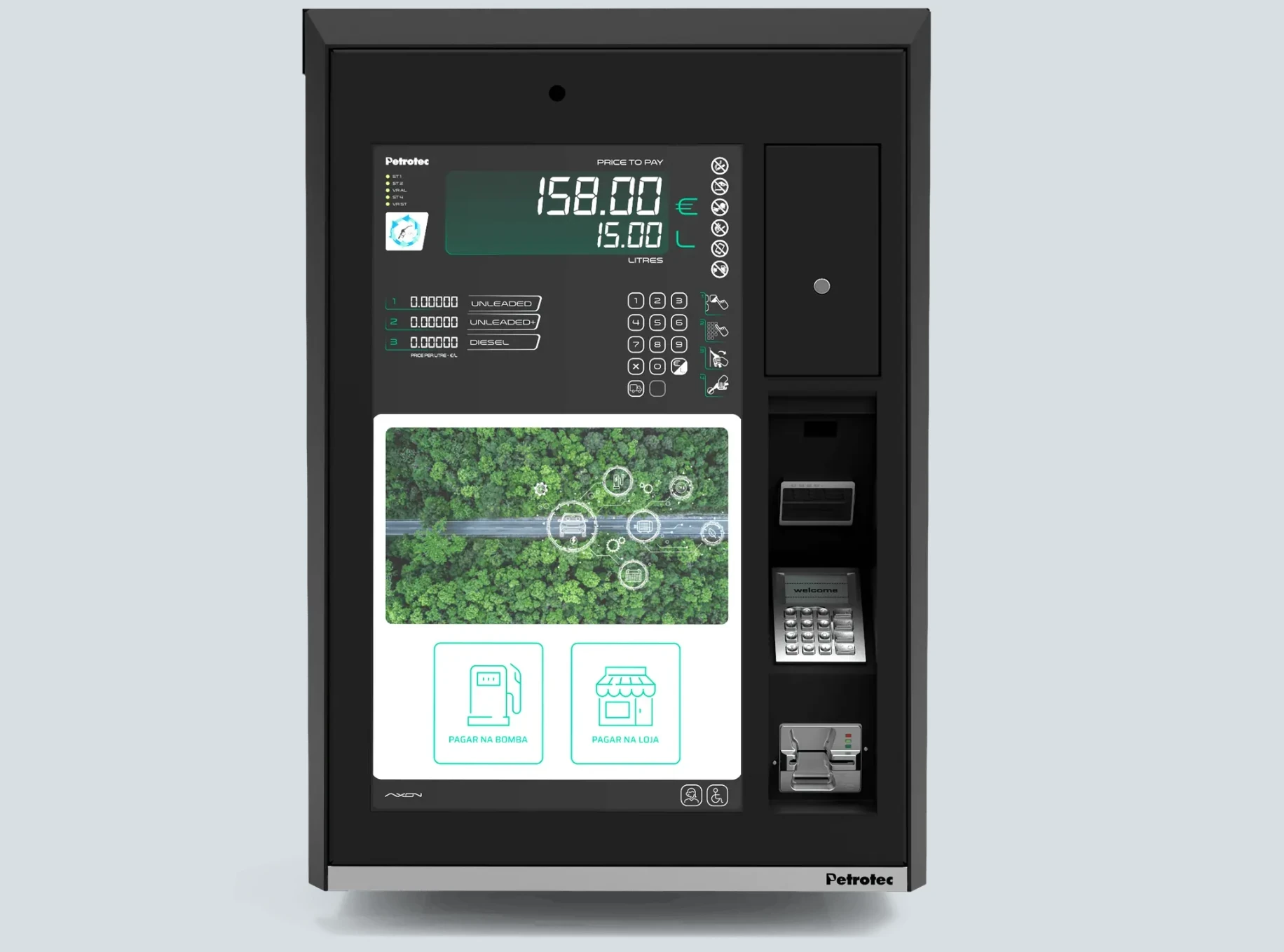 FM27 terminal close-up 3D render showing screen and payment interface