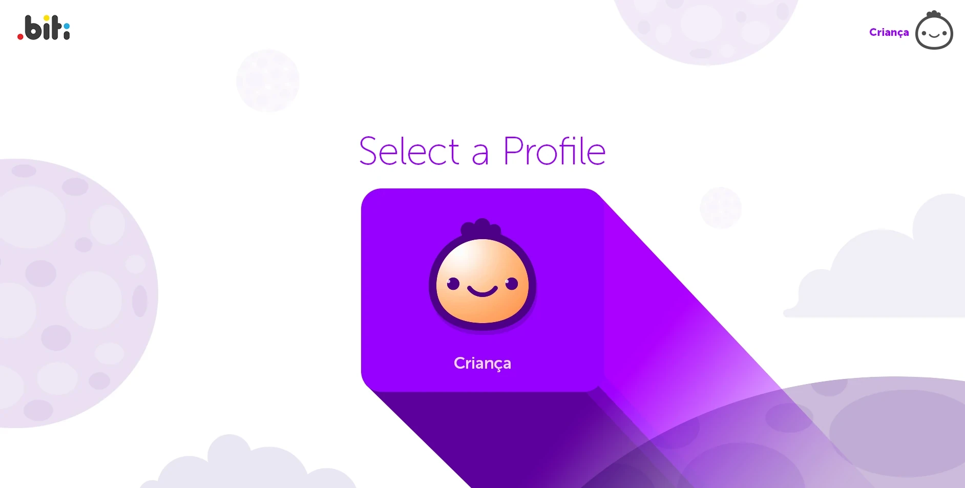 BITI app profile selection screen: child avatar on purple space background