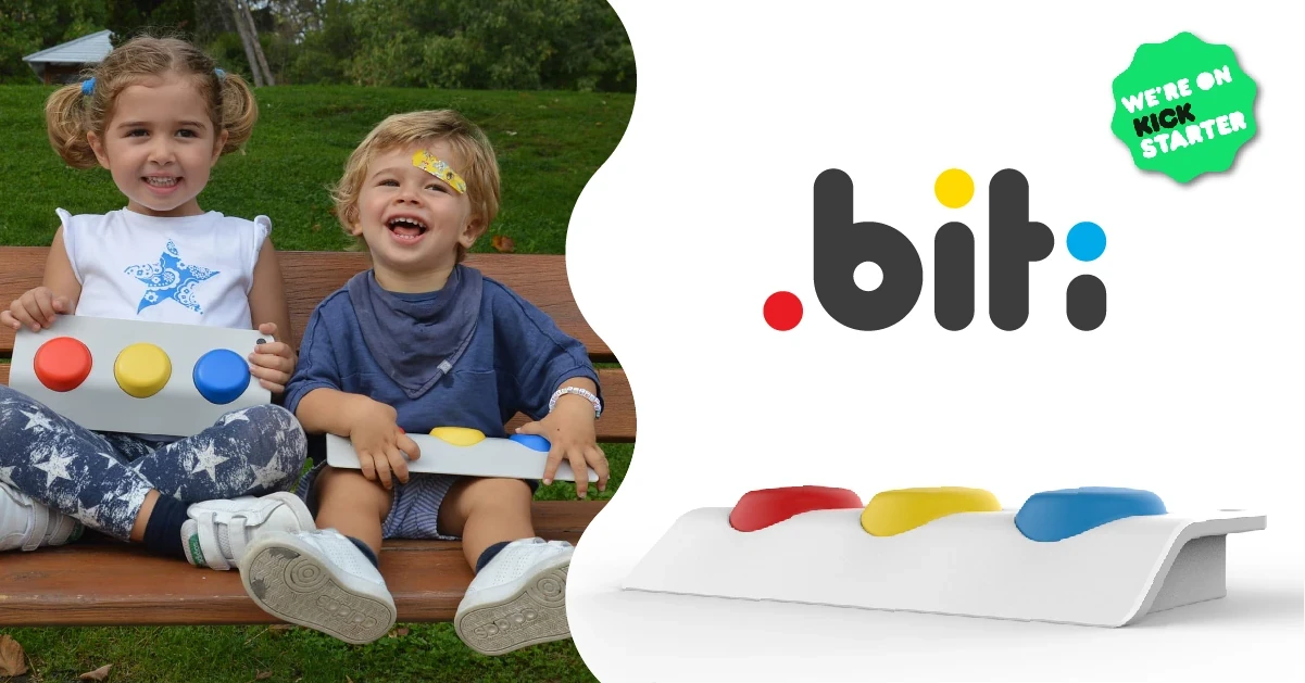 Two kids on bench holding BITI.Box with logo and product render