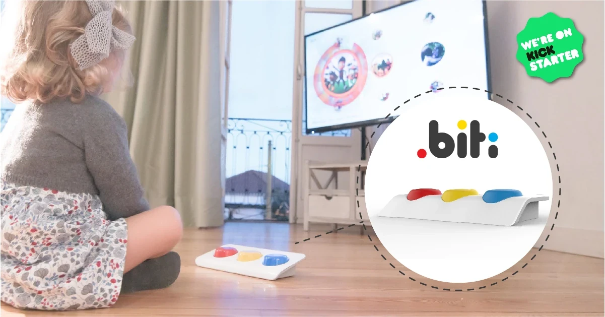 Girl sitting on floor using BITI.Box connected to TV