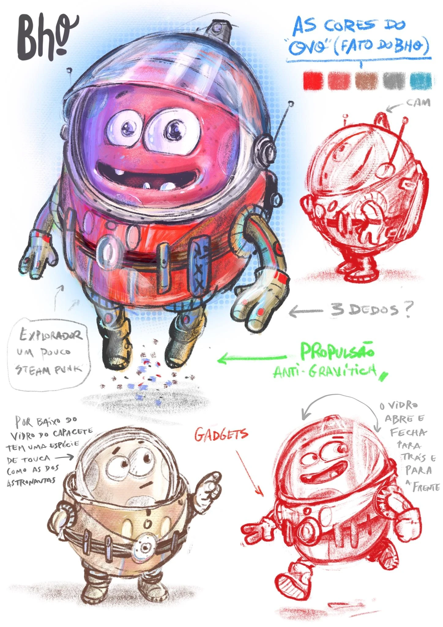 Boh character concept sketch: explorer with steampunk helmet