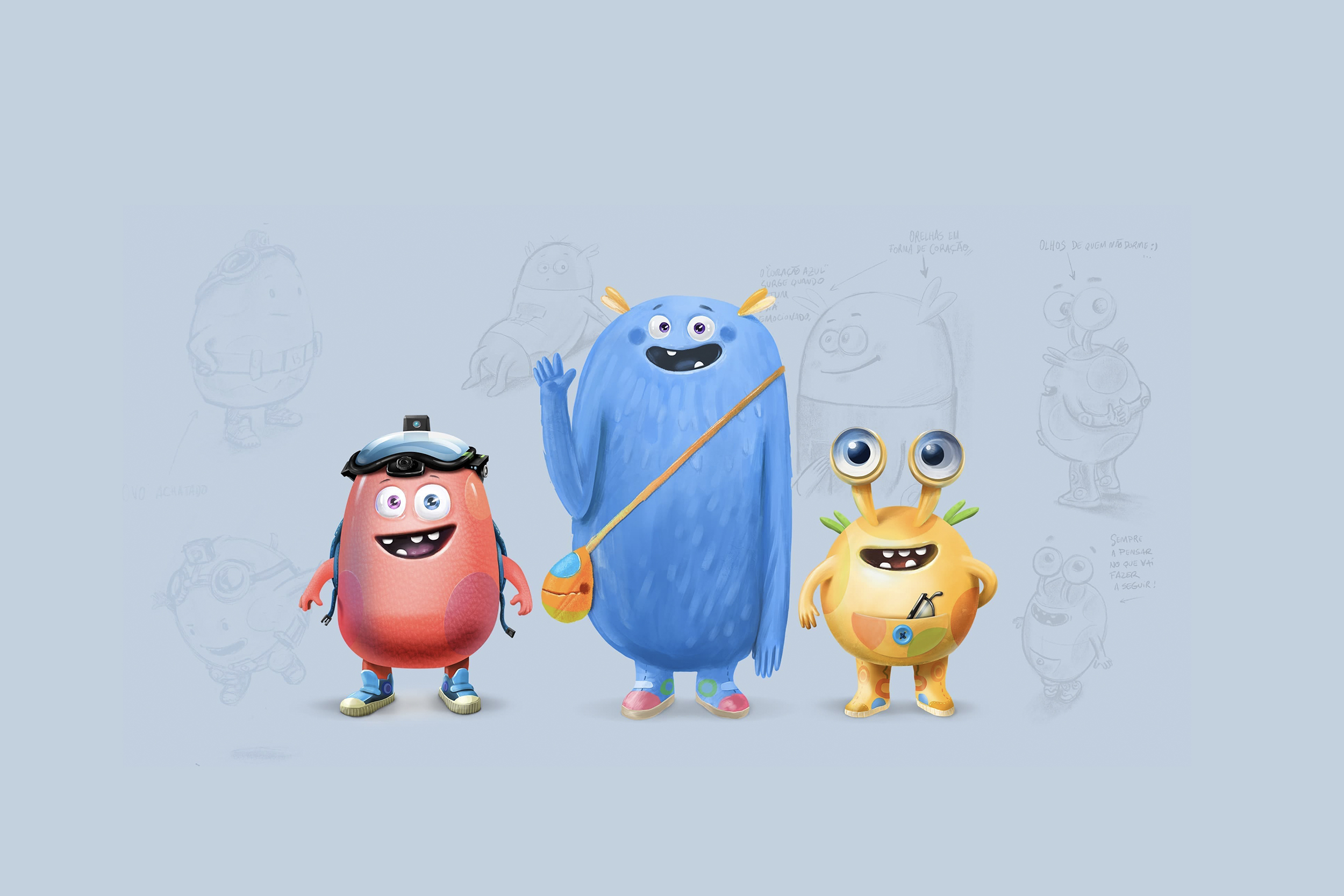 Boh character, BITI.Box device, technical sketches, and plush toy prototypes