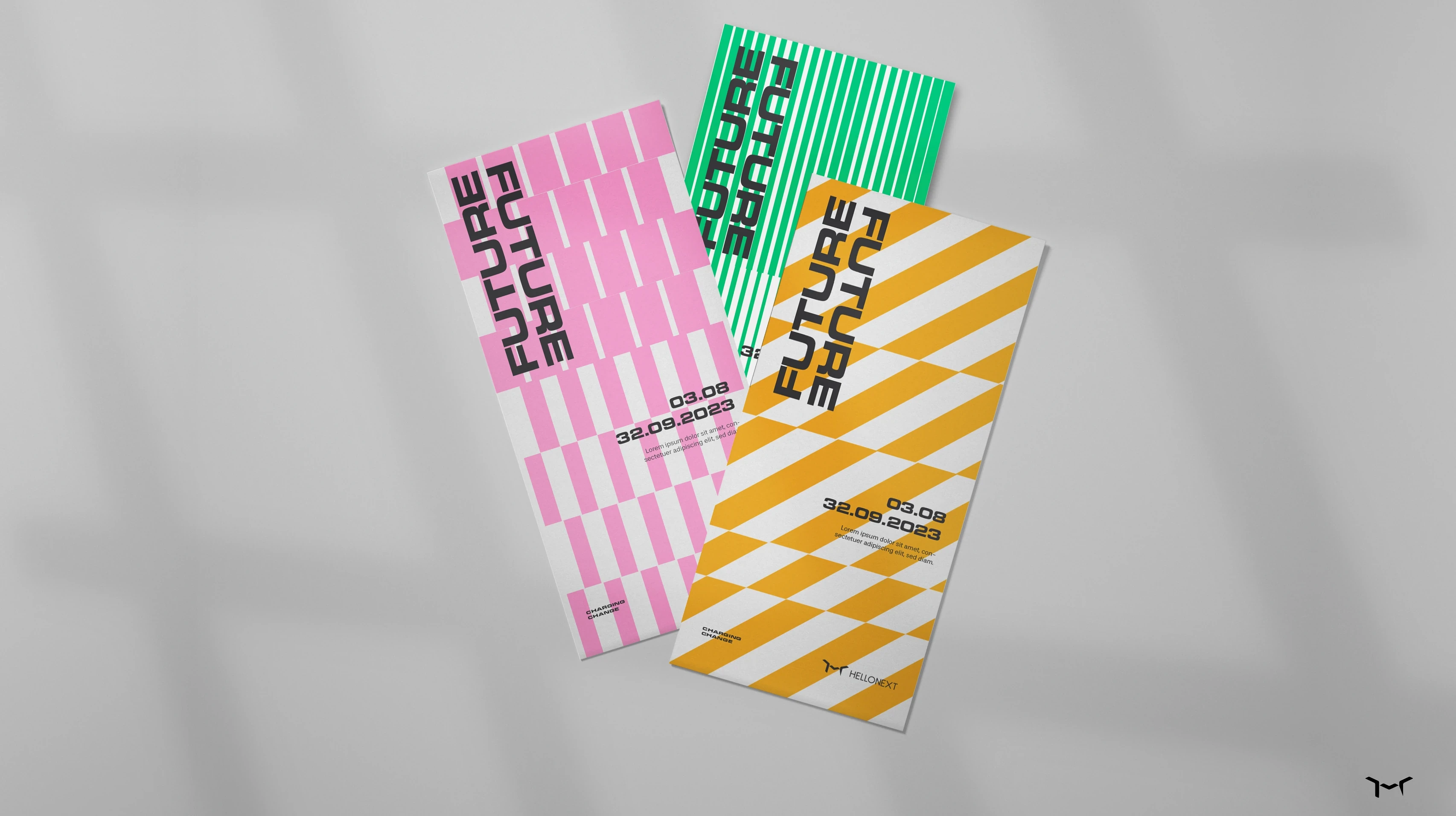 Hellonext FUTURE event flyers: brand pattern system on print materials