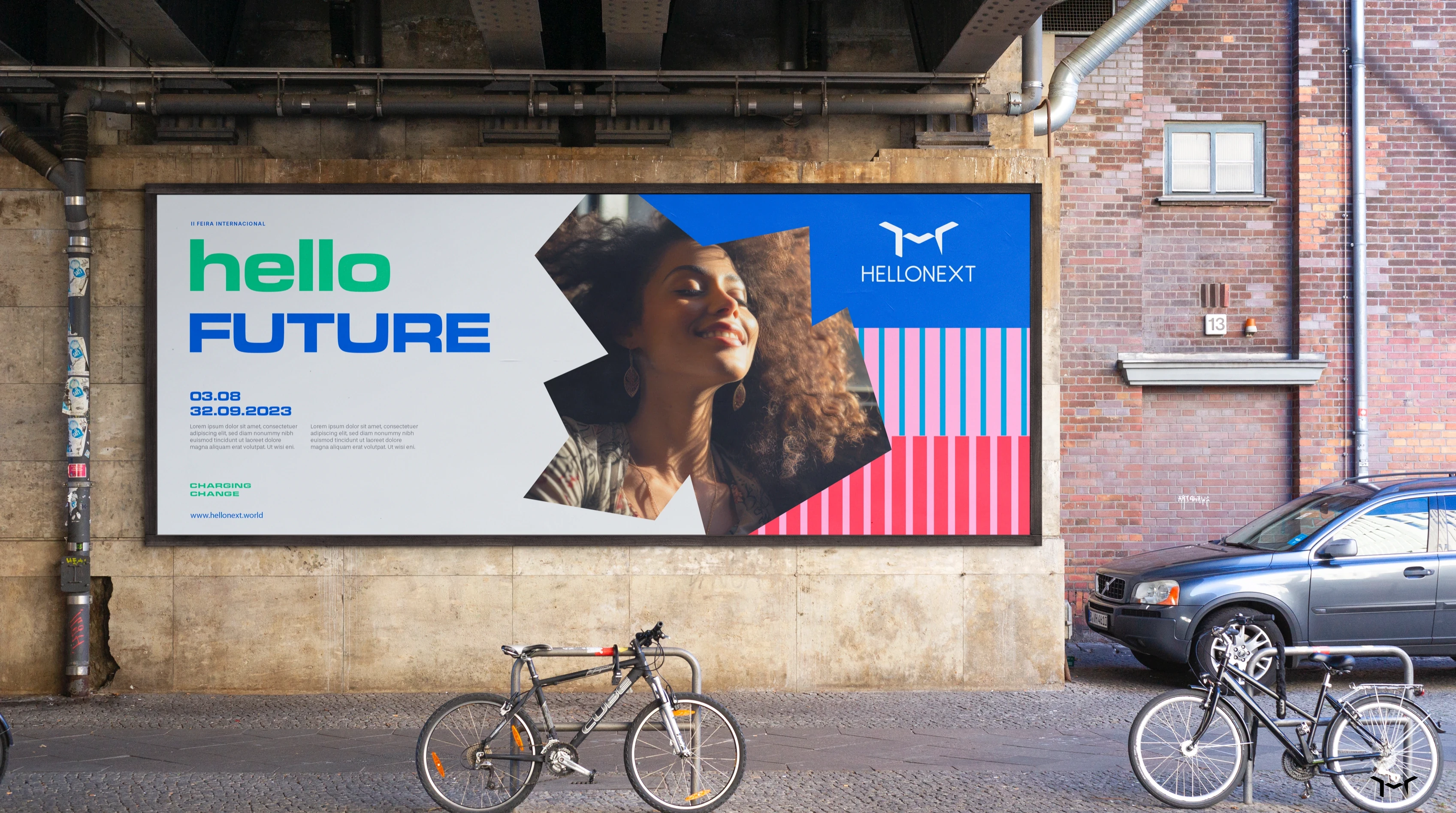 Hellonext outdoor billboard: hello FUTURE on urban wall
