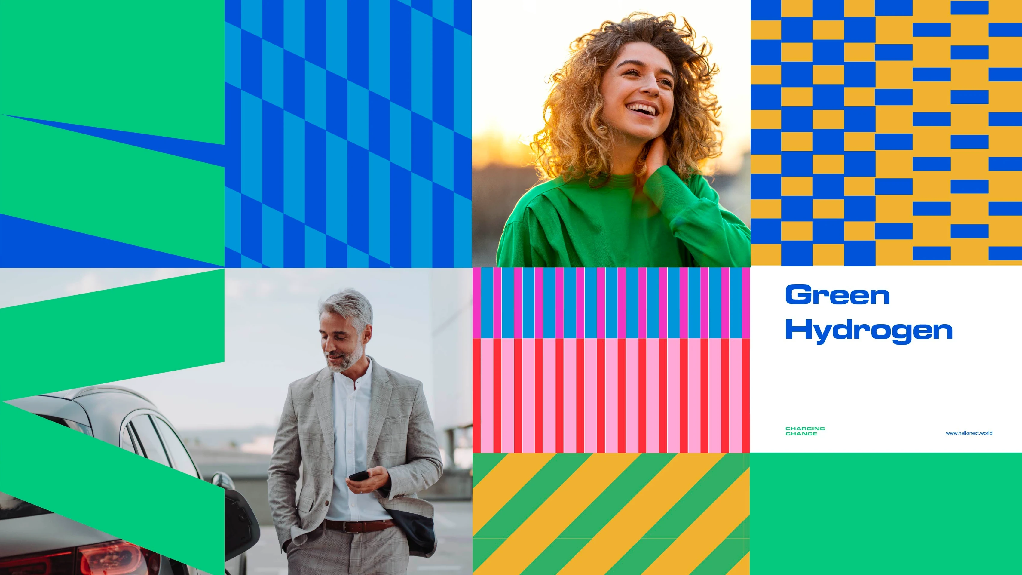 Hellonext brand moodboard: people, geometric patterns, and Green Hydrogen