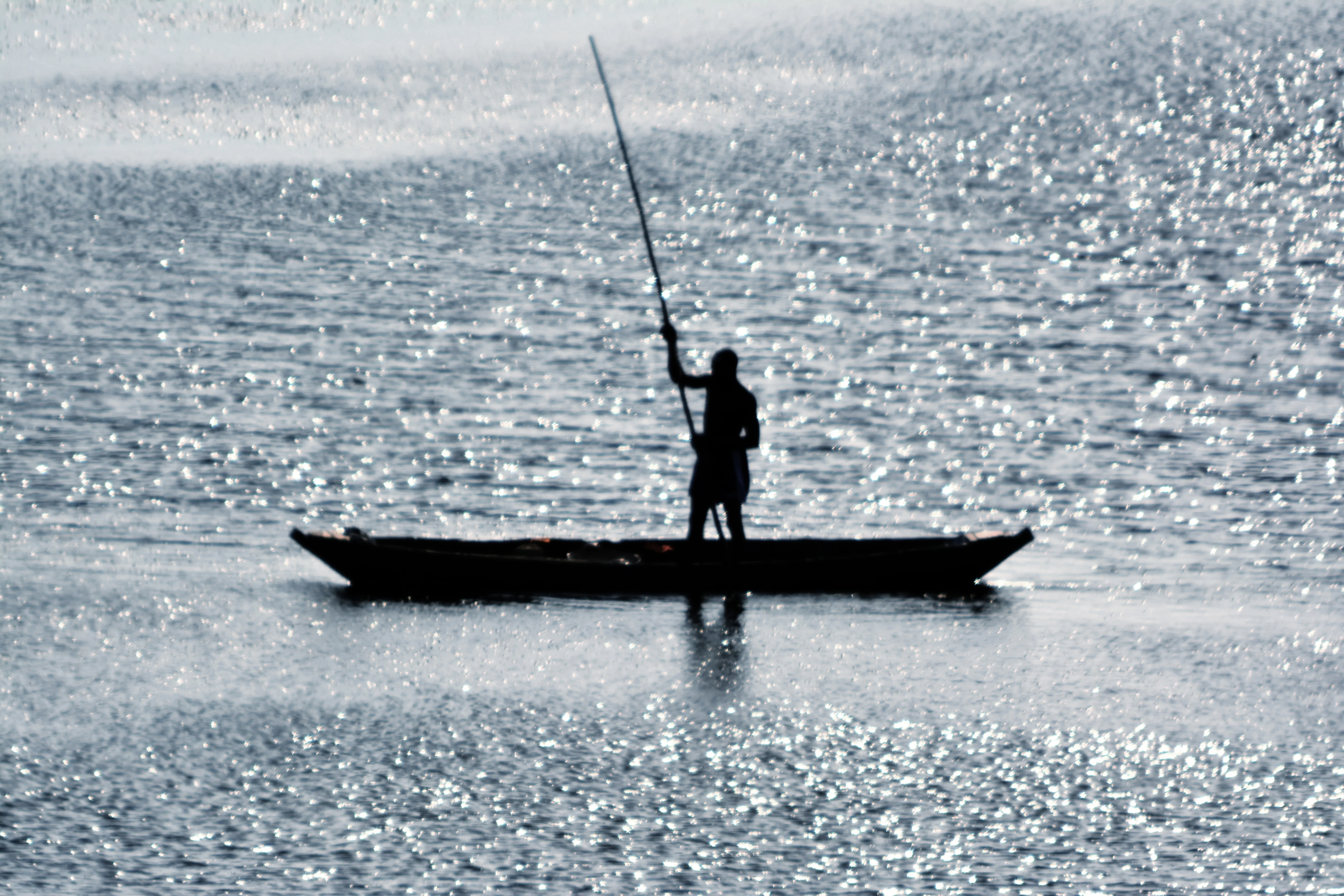 Fisherman standing on a boat, silhouetted against sparkling water