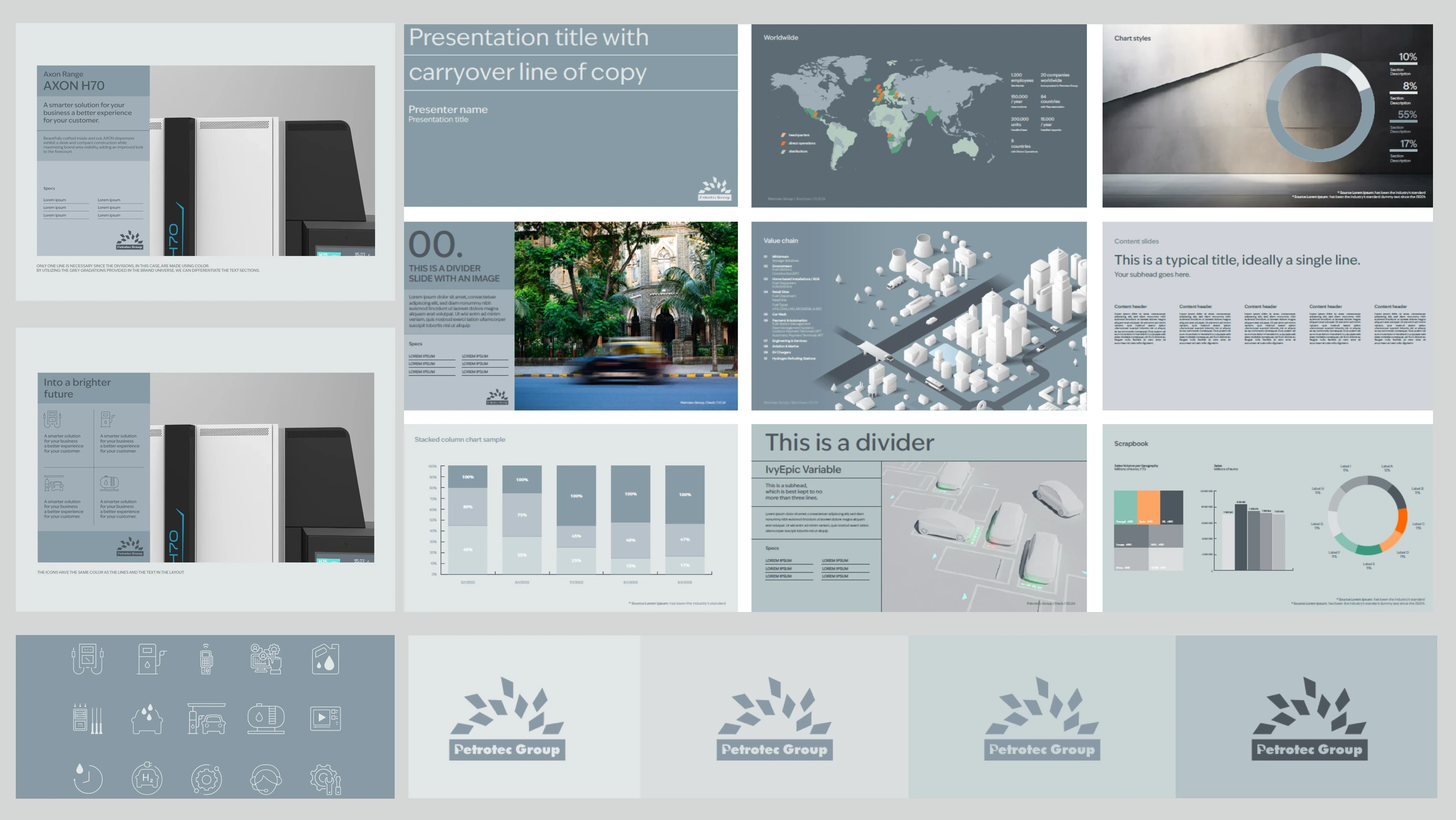 Petrotec Group design system: presentations, petal logo, product renders, data visualisation, and brand architecture